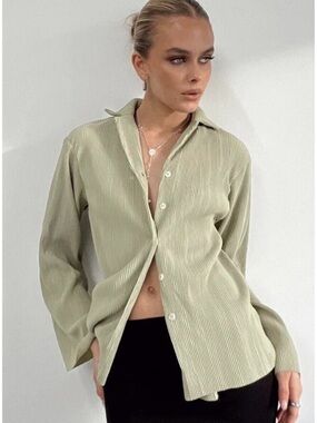 Princess Polly Pleated Button Up Top Taupe Long Sleeve Blouse US 12